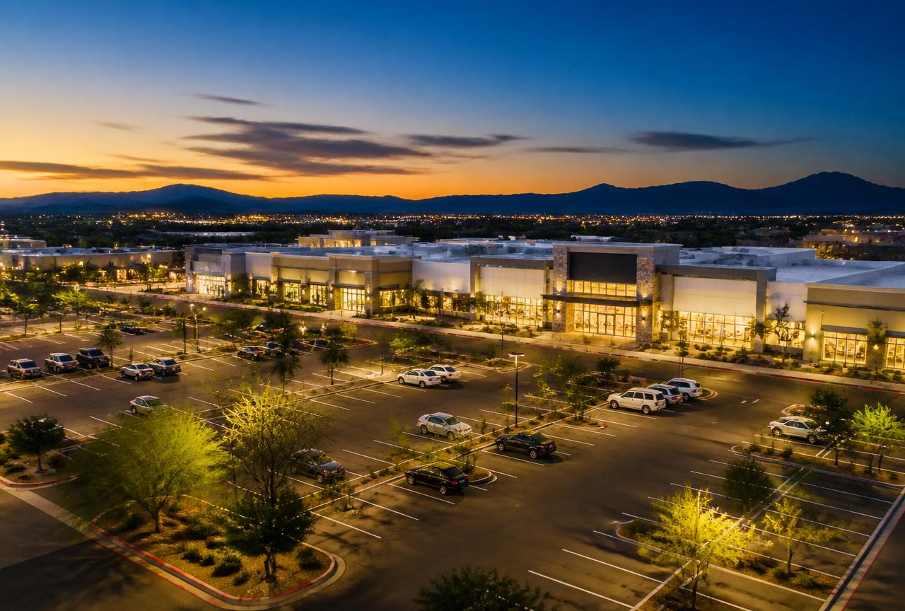 Cypress Station Square commercial retail center at dusk